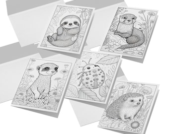 Animal Coloring Notecards, Color Your Own Folded Blank Greeting Thank you Cards, Stationery or Customer Thank you gift, Envelopes included