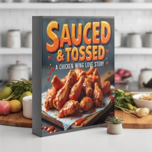 May include: A framed print with the words "Sauced & Tossed" in orange and yellow lettering, with the subtitle "A Chicken Wing Love Story." The image features a close-up of saucy chicken wings on a wooden board.