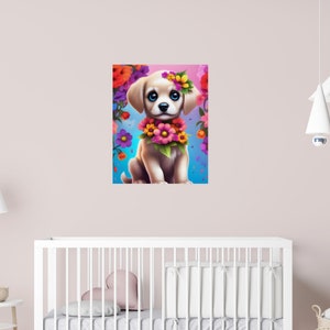Colorido cachorro perro con flores cartel infantil, impresión, arte de la pared, colgante de pared, póster, enmarcado, descargar o elegir tamaño