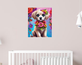Colorful Puppy Dog with Flowers Kid's Child's Poster, Print, Wall Art, Poster,  - choose size