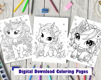DIGITAL 25 Cute Unicorns Sheets Kid's Coloring Sheets  - Instant PDF Download - Great for Rainy Day or Homeschool 8 1/2 x 11