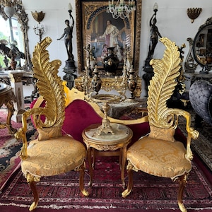 Exquisite Vintage Gold Leaf Feather Accent Chairs - Luxurious Baroque Style Seating