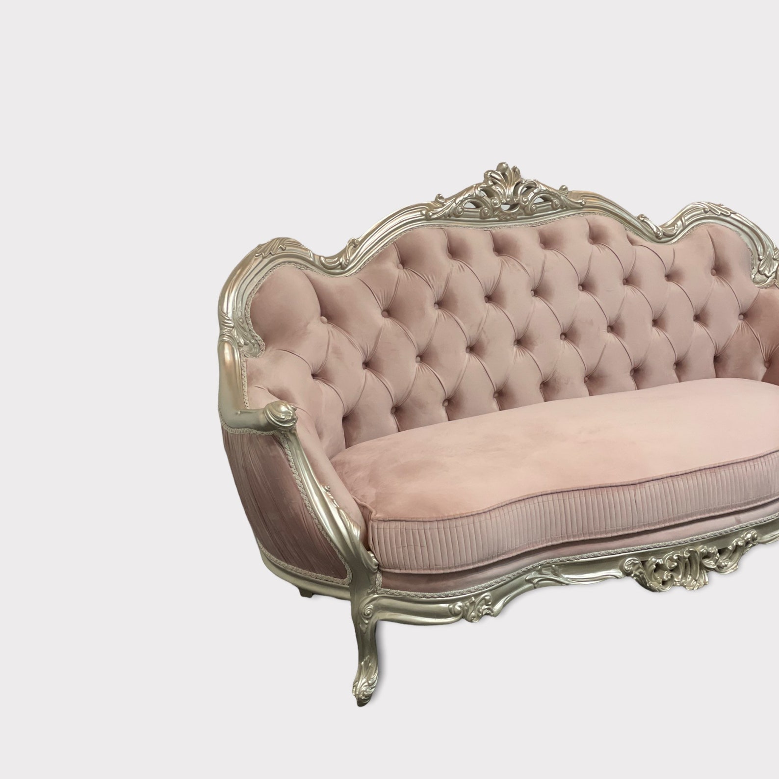 Custom Handmade French Style Loveseat With Silver Frame- Tufted Pink ...
