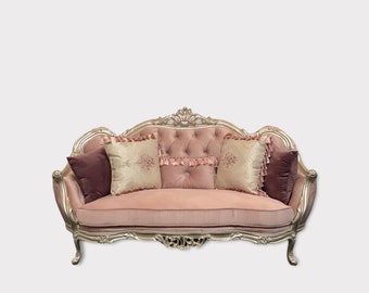 Custom Handmade French Style Loveseat with Silver Frame- Tufted Pink/Peach Velvet Fabric