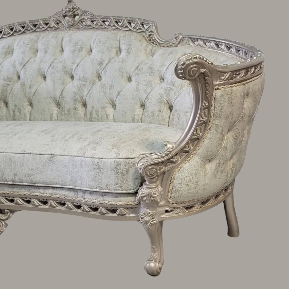 Custom Handmade 85'' French Style Loveseat With Silver Hand Carved ...