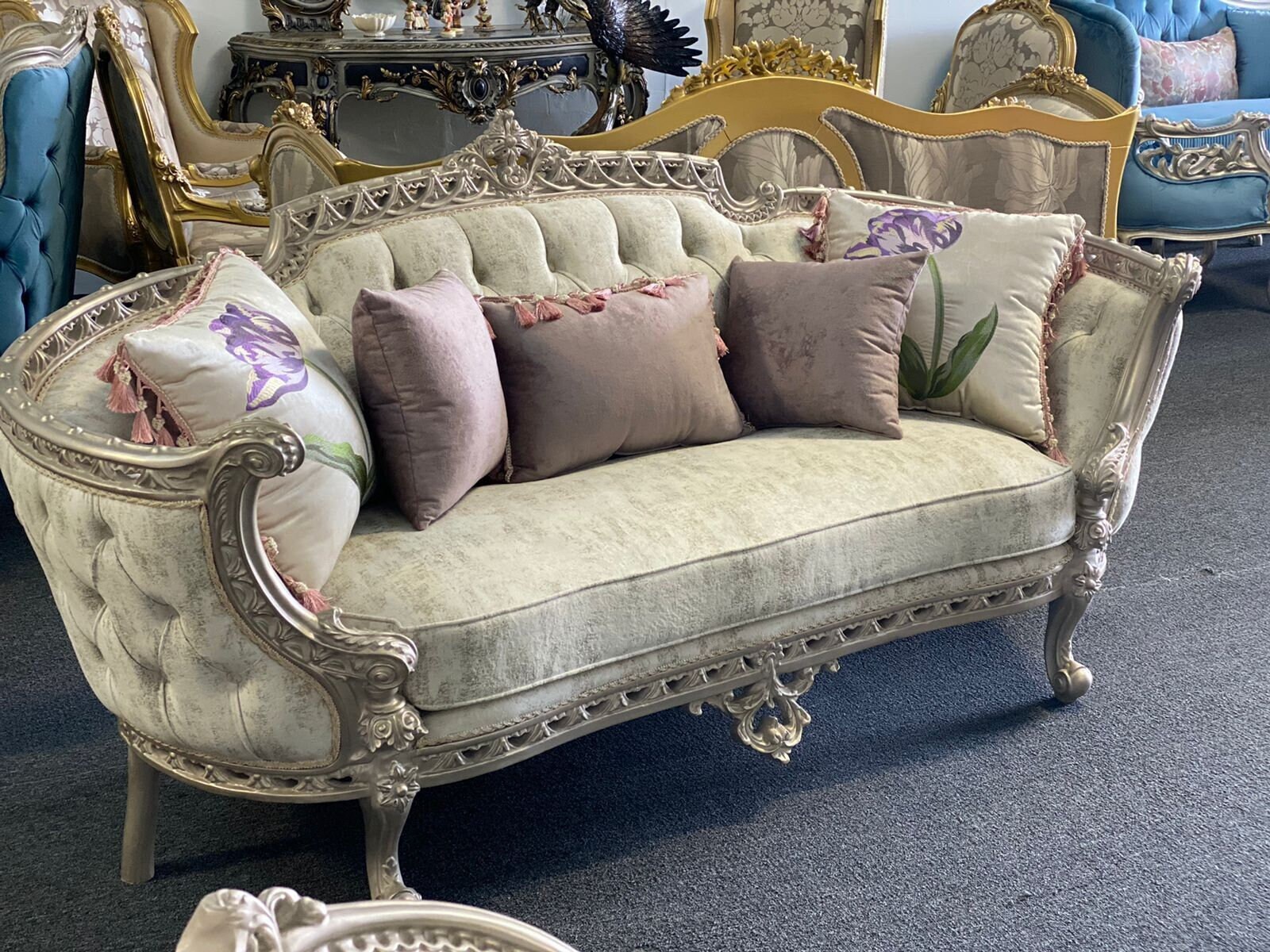 Custom Handmade 85'' French Style Loveseat With Silver Hand Carved ...