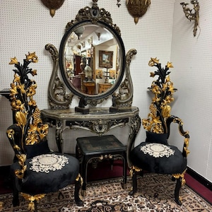 Luxurious Italian Baroque High Back Chair Featuring Tufted Black Fabric