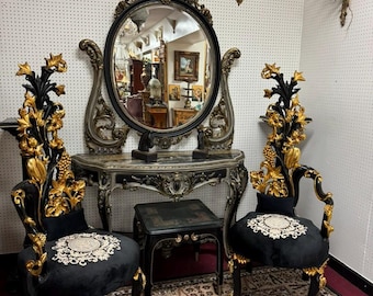 Luxurious Italian Baroque High Back Chair Featuring Tufted Black Fabric