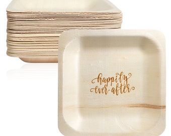 Happily Ever After Disposable Wood Wedding Plates (5.5" x 5.5", 50-Pack)