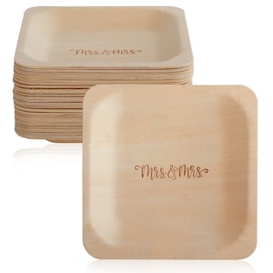 Mrs. and Mrs. Disposable Wood Wedding Plates (5.5" x 5.5", 50-Pack)