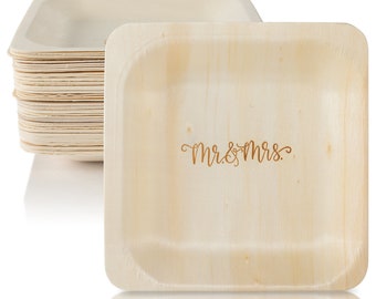 Mr. and Mrs. Disposable Wood Wedding Plates (5.5" x 5.5", 50-Pack)
