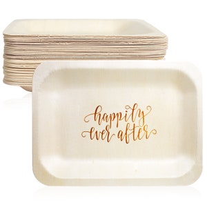 Happily Ever After Disposable Wood Wedding Plates (7.5" x 5.5", 50-Pack)