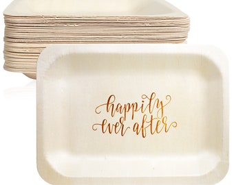 Happily Ever After Disposable Wood Wedding Plates (7.5" x 5.5", 50-Pack)
