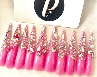 Floating Crystals Sharp Stiletto Bling Press On Nail Set  4XXXXL Ready to Wear New York Fashion Week Stylist (Medium)