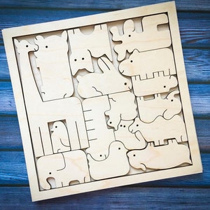Arquivos vetoriais de corte a laser SVG CNC Animal Puzzles Enigma Jogos para crianças Modelos de mosaico Vetor DXF Download instantâneo Cricut Cutting