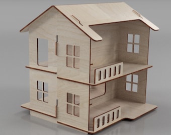 Op de afbeelding: Een houten poppenhuis met twee verdiepingen, een balkon en meerdere ramen. Het poppenhuis is gemaakt van lichtbruin hout en heeft een eenvoudig ontwerp.