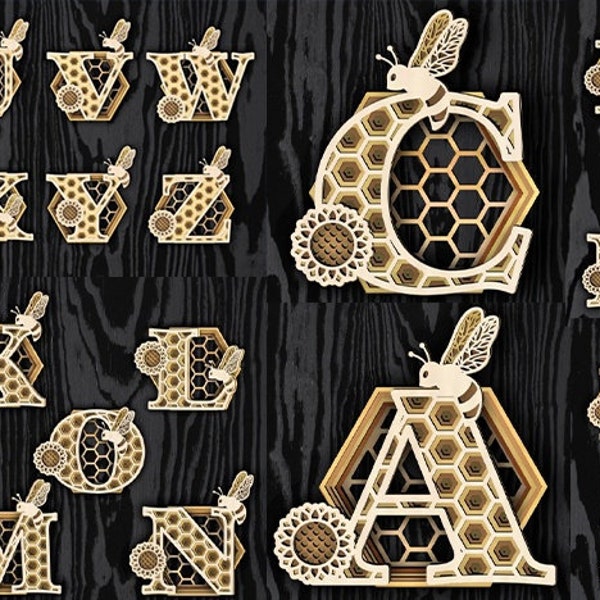 Laser cut vector files SVG CNC Alphabet cnc 3D alphabet Bees cnc Multilayer decor DXF cnc pattern cnc cut vector graphic Instant download