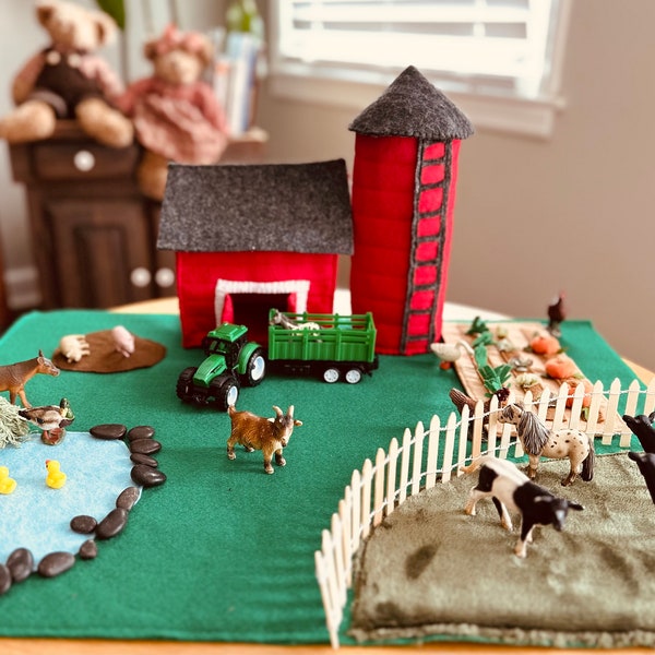 Farm felt playscape, Big Red Barn, Small World Play, Felt Barnyard, Pretend Play, Preschool, Felt Garden,
