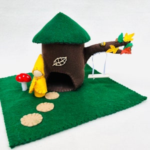 Tree Stump House, Gnome swing, Felt playscape, pretend play, small world play, Preschool, Woodland Home Gnome Wood Peg Doll,