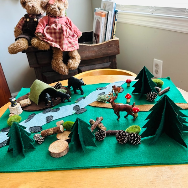 Forest play mat, Woodland Playscape, Felt Cave, Felt trees, Small World Play, Pretend Play, Preschool, Fun, River in the Woods, Adventure