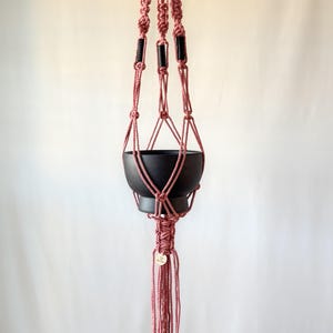 Long Macrame Plant Hanger | Handmade Leather Beads | Modern Flat Wooden Ring Indoor Pot Holder | Recycled Cotton Rope Ceiling Hanging Basket