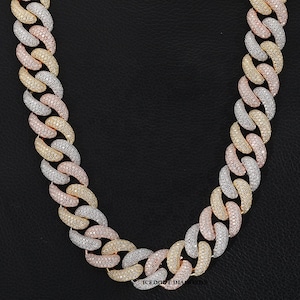 10 mm Moissanite Kubański łańcuszek ogniwowy, 14-karatowe białe złoto Touch Three Tone, łańcuszek VVS Moissanite Icedout, najlepszy prezent urodzinowy, polerowane srebro