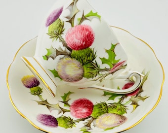 May include: A white teacup and saucer set with a floral thistle design. The cup and saucer have a gold trim. The thistle flowers are pink, purple, and yellow with green leaves.
