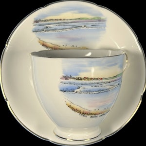 Pode incluir: Conjunto de chá creme com uma cena de paisagem costeira. A chávena e o pires apresentam uma cena costeira com um corpo de água, uma costa e edifícios. O conjunto tem uma borda dourada e o texto "TIDAL BORE MONCTON" é visível.