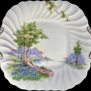 Aynsley - Sandwich / Cake Plate  - Colorful "Bluebell Time" Country Scene - Circa: 1940's to 1960's - As New Condition! A Stunning Dish!
