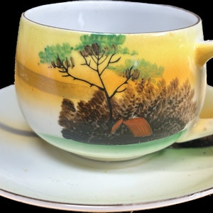 Japan - Cup & Saucer - Hand Painted Landscape Scene - (Unmarked Antique After 1921)