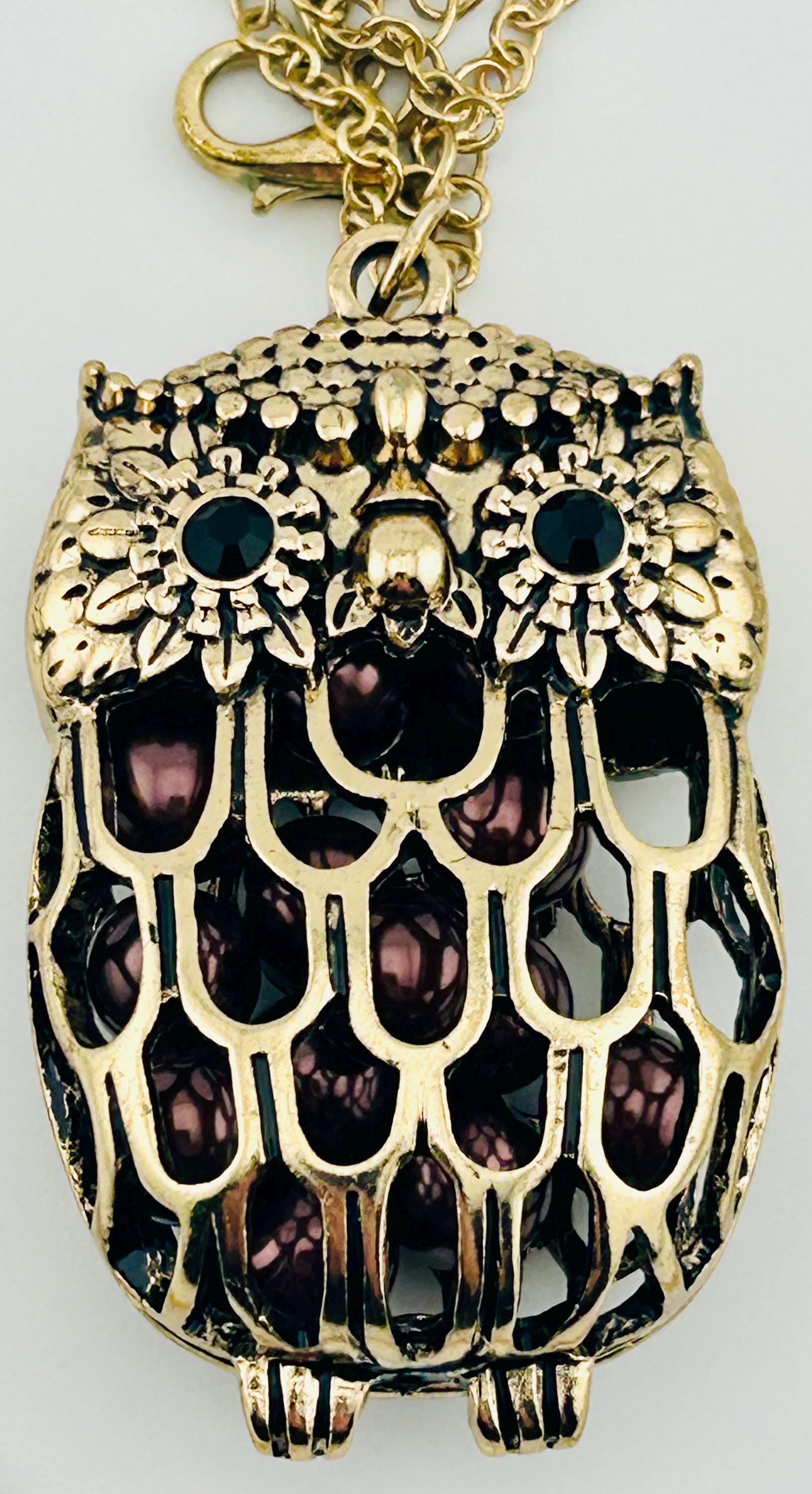 Wise Old Owl Necklace - Gold-Toned - Filigree Brooch with encased beads - Stunning Piece!