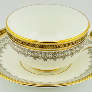 Taza de té y platillo Royal Cauldon England L4000 Gold Greek Key, porcelana fina de hueso c. 1905-1920, en perfecto estado, rara