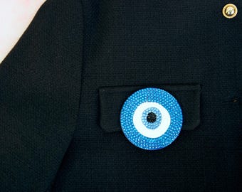 Evil Eye Brooch, Handmade Crystal Nazar Pin - Good Luck Amulet