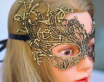 Gold Lace Masquerade Mask: Handmade Venetian Crystal Ball Mask