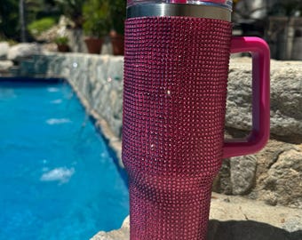 Handmade  tumbler with crystals in Hot Pink 40oz Stainless Steel Insulated Travel Mug with handle and straw included drinkware gift idea
