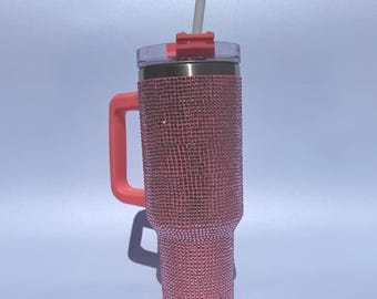 Pink Fine European Crystal Tumbler with Handle  40oz Bling Stainless Steel Insulated Travel Mug  Sparkling Custom Drinkware Gift for Her