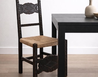 Antique Italian Wooden Chairs, Raffia Seat, Carved Finials,