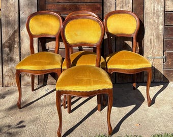 Vintage French Louis XV Style Dining Chairs | Mustard Velvet Upholstered Set