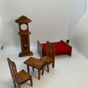 Vintage French Dollhouse Miniature Furniture Set - Wooden Miniature Furniture - Tables Clock Drawers Wardrobe Chairs Vanity Unit Doll House