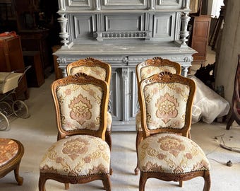 Vintage Französischer Stil Esszimmerstühle - 4er Set | Geschnitzte Holz Polsterstühle | Stil Louis XV