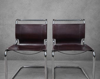 1 van 2 Vintage Matteo Grassi-stijl bauhaus design bezoekersstoel bruin leer jaren 70