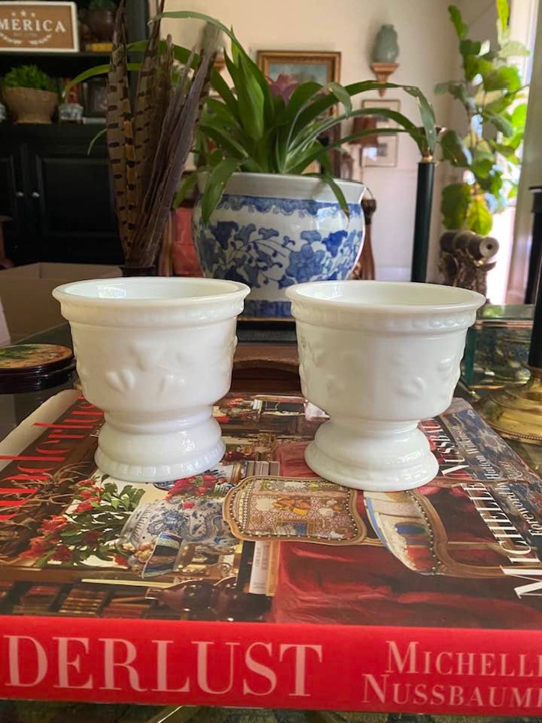 Pair of Vintage Ivy Heart Milk Glass Dessert Bowls Milk Glass Dessert