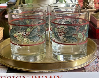 Set of Four Holly Themed Lowball Bar Glasses