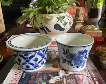 Two Vintage Blue and White Planters