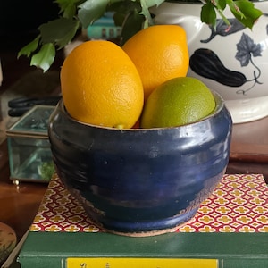 May include: A dark blue ceramic bowl holds two oranges and a lime. The bowl sits atop a stack of books with a patterned cover. A white and black decorated planter and green plants are in the background.