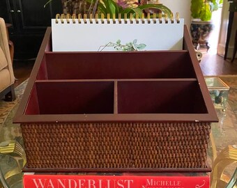 Vintage Large Counter Top Organizer Wood look and Faux Wicker Organizer