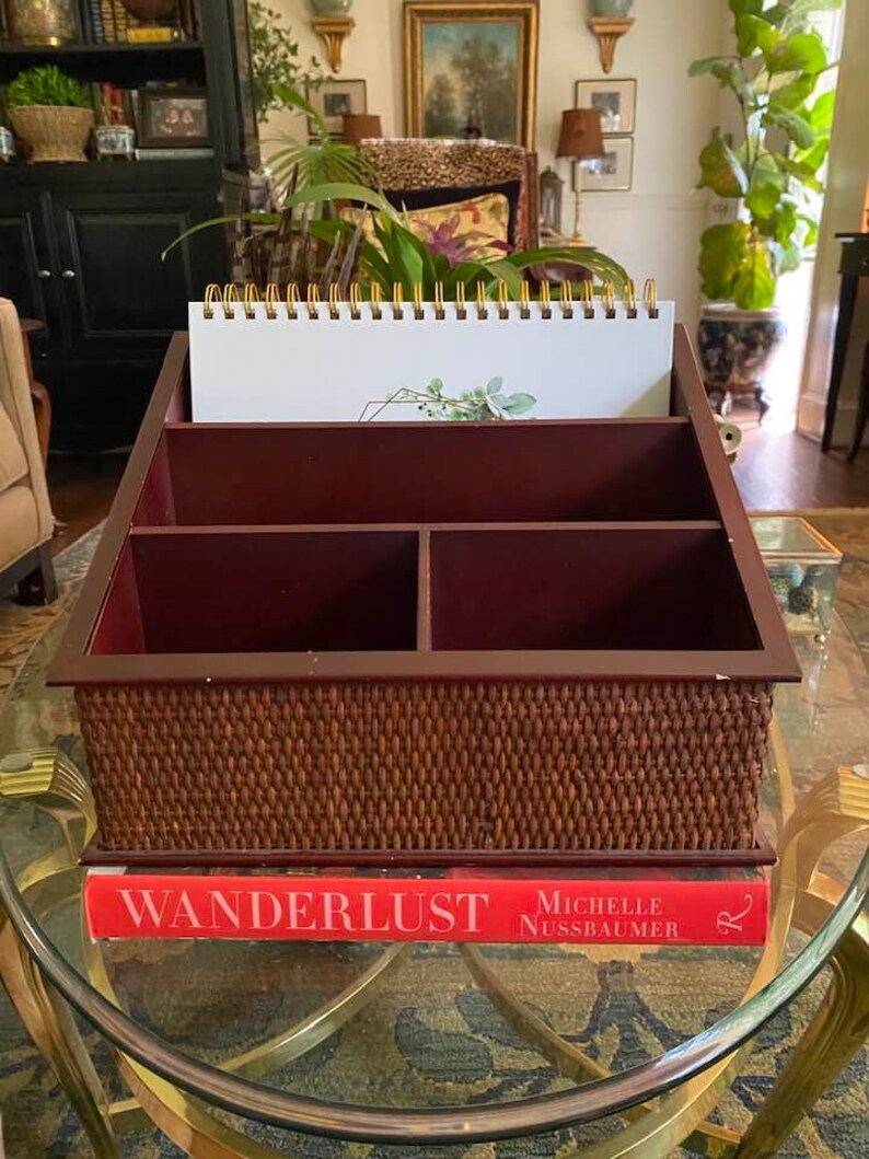 Vintage Large Counter Top Organizer Wood Look and Faux Wicker - Etsy