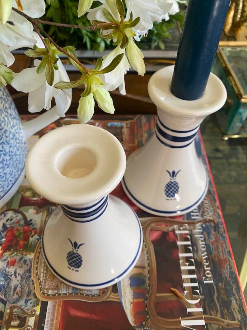 Pair Vintage Ceramic Candle Holders Blue and White Pineapple Candle