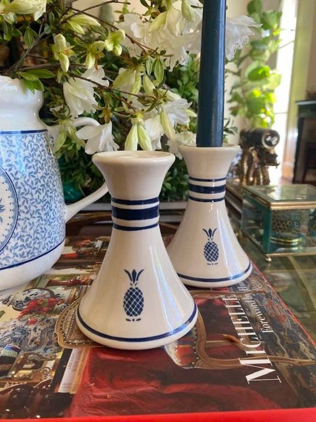 Pair Vintage Ceramic Candle Holders Blue and White Pineapple Candle