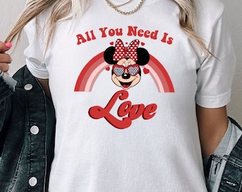 Minnie Mouse All You Need Is Love Shirt,  Gift for Lover Women, Minnie Mickey Shirt, Mickey Minnie Valentine